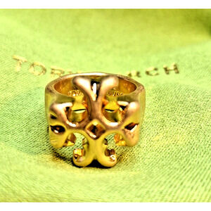 Tory Burch Double Miller T Logo Ring Brushed Gold Icon Style Size 7 New w Tag